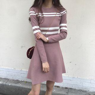 Striped Knitted Long-sleeve A-line Dress