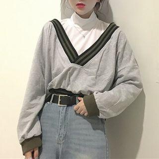 High Neck Long-sleeve T-shirt / Striped High Neck Pullover