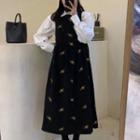 Lantern-sleeve Blouse / Flower Embroidered Midi Overall Dress
