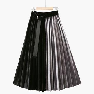 Two-tone Velvet Accordion Pleat Midi Skirt