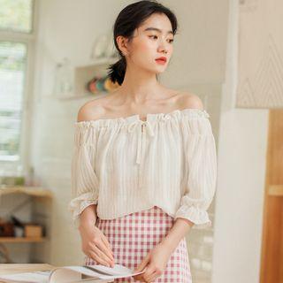 Elbow-sleeve Striped Blouse White - One Size