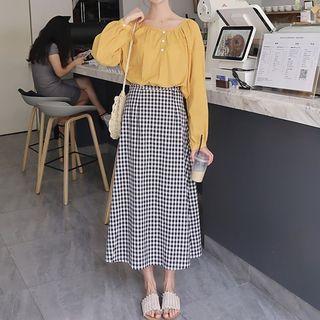 Long-sleeve Buttoned Top / Gingham Midi A-line Skirt