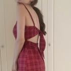 Open-back Plaid Suspender Skirt Red - One Size