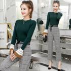 Set: Bell-sleeve Knit Top + Plaid Cropped Pants