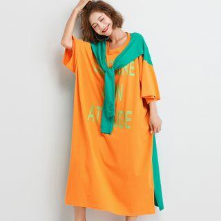 Lettering Elbow-sleeve Midi T-shirt Dress Orange - One Size