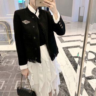 Mock Two-piece Buttoned Tweed Jacket / Frill-trim Midi Skirt