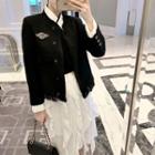 Mock Two-piece Buttoned Tweed Jacket / Frill-trim Midi Skirt
