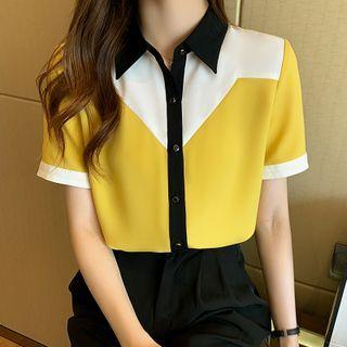 Short-sleeve Color Panel Chiffon Shirt