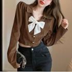 Long-sleeve Collared Bow Cropped Blouse