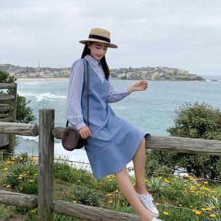 Long-sleeve Mock Two-piece Striped Collared Dress
