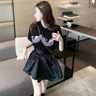 Short-sleeve T-shirt / Satin Mini A-line Skirt