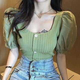 Puff-sleeve Paneled Buttoned Knit Top