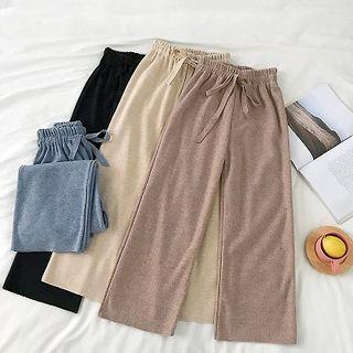 Plain High-waist Lace-up Knit Pants
