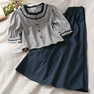 Set: Ruffled-trim Gingham Crop Top + Midi Skirt