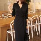 V-neck Tie-waist Long-sleeve Sheath Dress