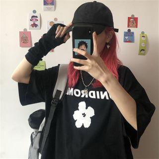 Flower Print Lettering Elbow-sleeve T-shirt