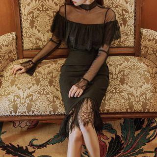 Set: Mock Neck Ruffle Top + Lace Hem Midi Skirt