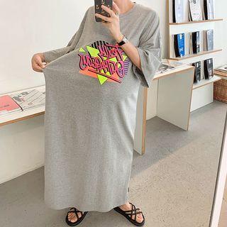 Letter-printed Slit-side Maxi T-shirt Dress
