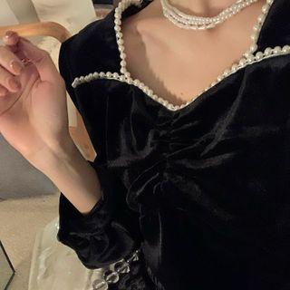 Faux Pearl Velvet Blouse Black - One Size