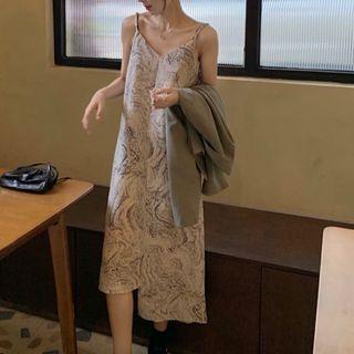 Spaghetti Strap Printed Midi A-line Dress / Single-button Blazer