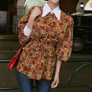 Floral Print Panel Collared Blouse