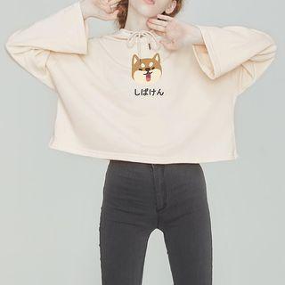Print Cropped Drawstring Hoodie
