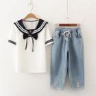 Short-sleeve Embroidered Sailor Collar Top / Straight-fit Jeans / Set