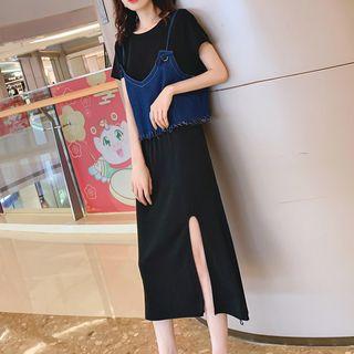 Set: Short-sleeve T-shirt Dress + Denim Spaghetti Strap Top