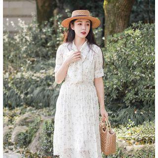 Short-sleeve Floral Print Tie-neck Chiffon Dress