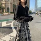 Distressed Loose-fit Sweater / Plaid Skirt