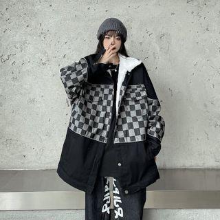 Checker Print Panel Denim Jacket Black - One Size