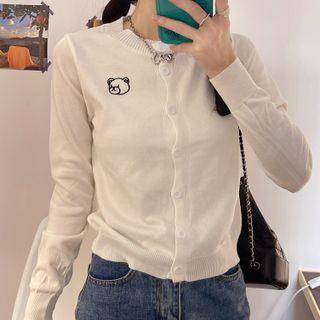 Long-sleeve Bear Embroidered Knit Cardigan