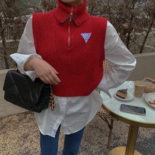 Turtleneck Half-zip Sweater Vest / Plain Shirt