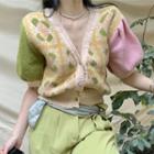 Color Block Cropped Cardigan Pink & Yellow & Green - One Size