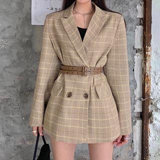 Plaid Double-breasted Blazer / Belt