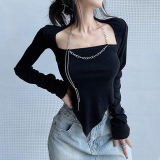 Long-sleeve Chain Detail Asymmetrical T-shirt