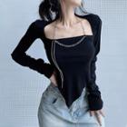 Long-sleeve Chain Detail Asymmetrical T-shirt