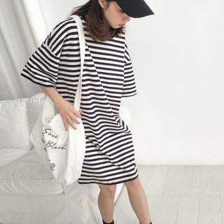 Elbow-sleeve Oversized Striped T-shirt Dress Navy Blue - One Size