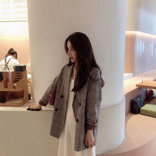 Plaid Double-breasted Blazer / Spaghetti-strap Midi Dress