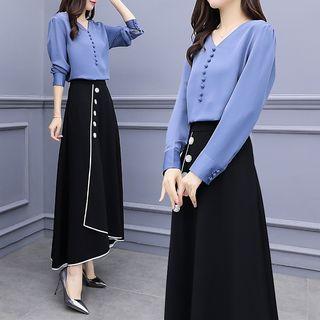 Set: Long-sleeve V-neck Blouse + Asymmetric Maxi Skirt