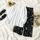 Crew-neck Long-sleeve T-shirt / Floral Wide-leg Pants