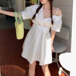 Cold-shoulder Mini A-line Shirt Dress