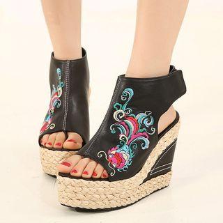 Embroidered Slingback Platform Wedge Sandals