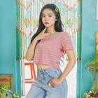 Tie-back Cropped Striped T-shirt
