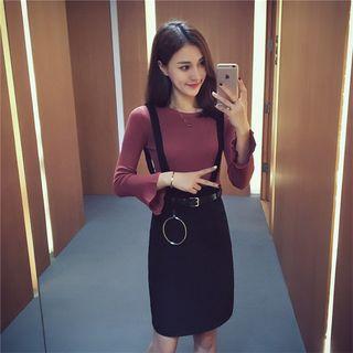 Set: Plain Long Sleeve Top + Plain Suspender Skirt