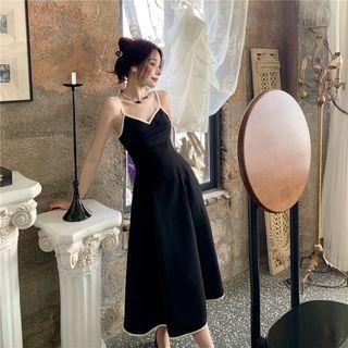 Spaghetti-strap Contrast Trim Midi A-line Dress