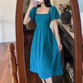 Puff Sleeve Square Neck Ruched A-line Dress