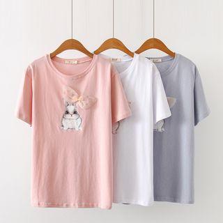 Short-sleeve Rabbit Printed Ribbon T-shirt