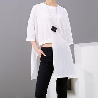 Plain Asymmetrical Semi Sleeve T Shirt White - One Size