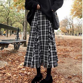 Plaid Fringed Midi A-line Skirt